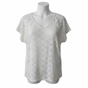 Chico's Lace Panel Boho Blouse Women's Size 2 (L) Ivory Short Sleeve Sheer Top